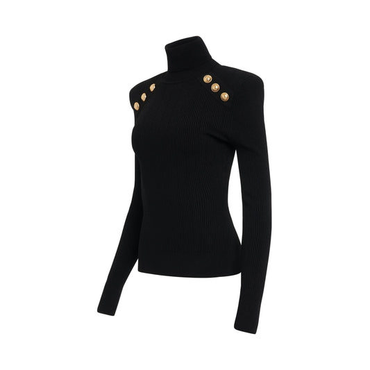 Button Trimmed Turtleneck Sweater in Black