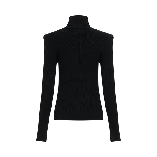 Button Trimmed Turtleneck Sweater in Black