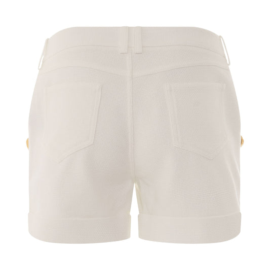 6 Button Low Rise Cotton Pique Shorts in White