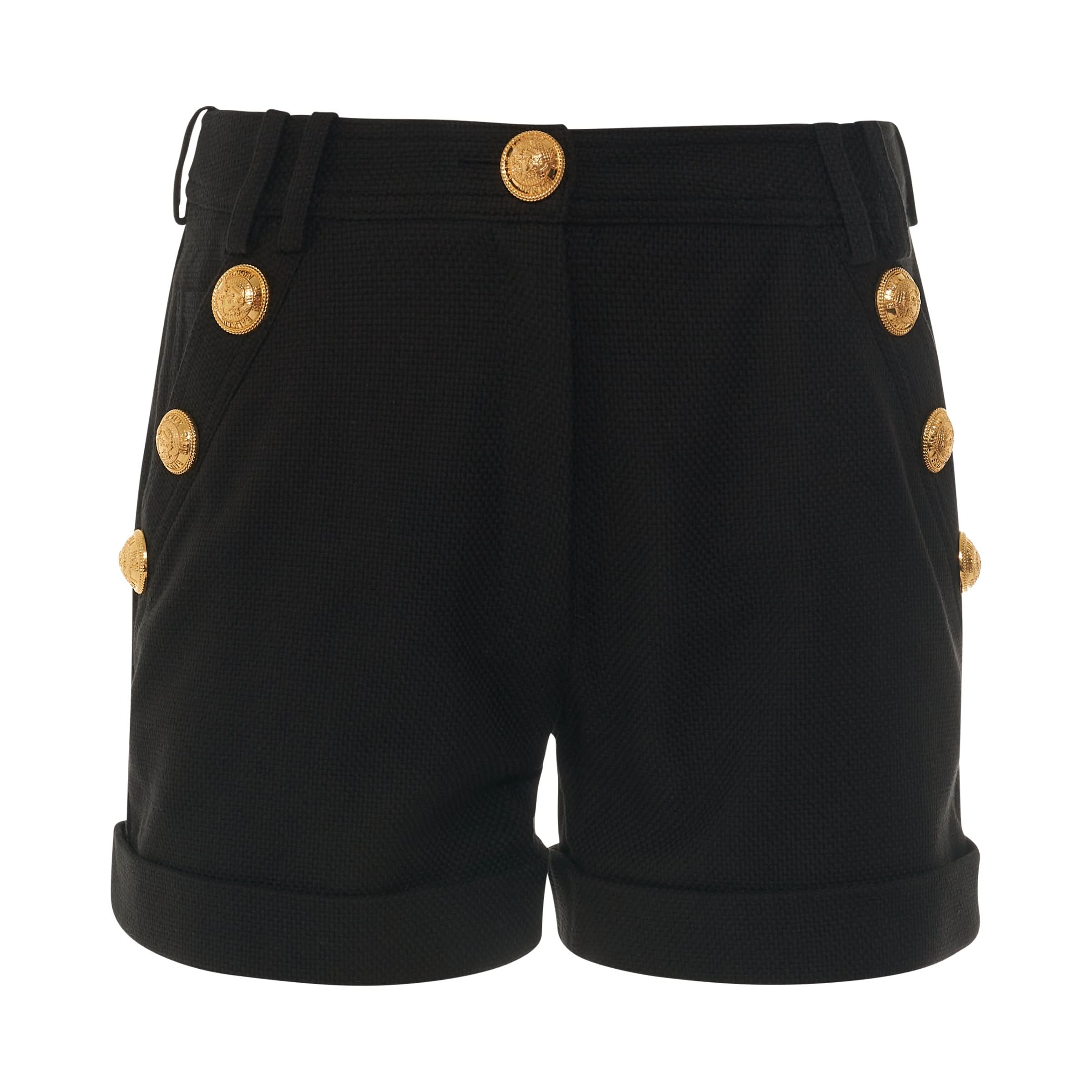 6 Button Low Rise Cotton Pique Shorts in Black