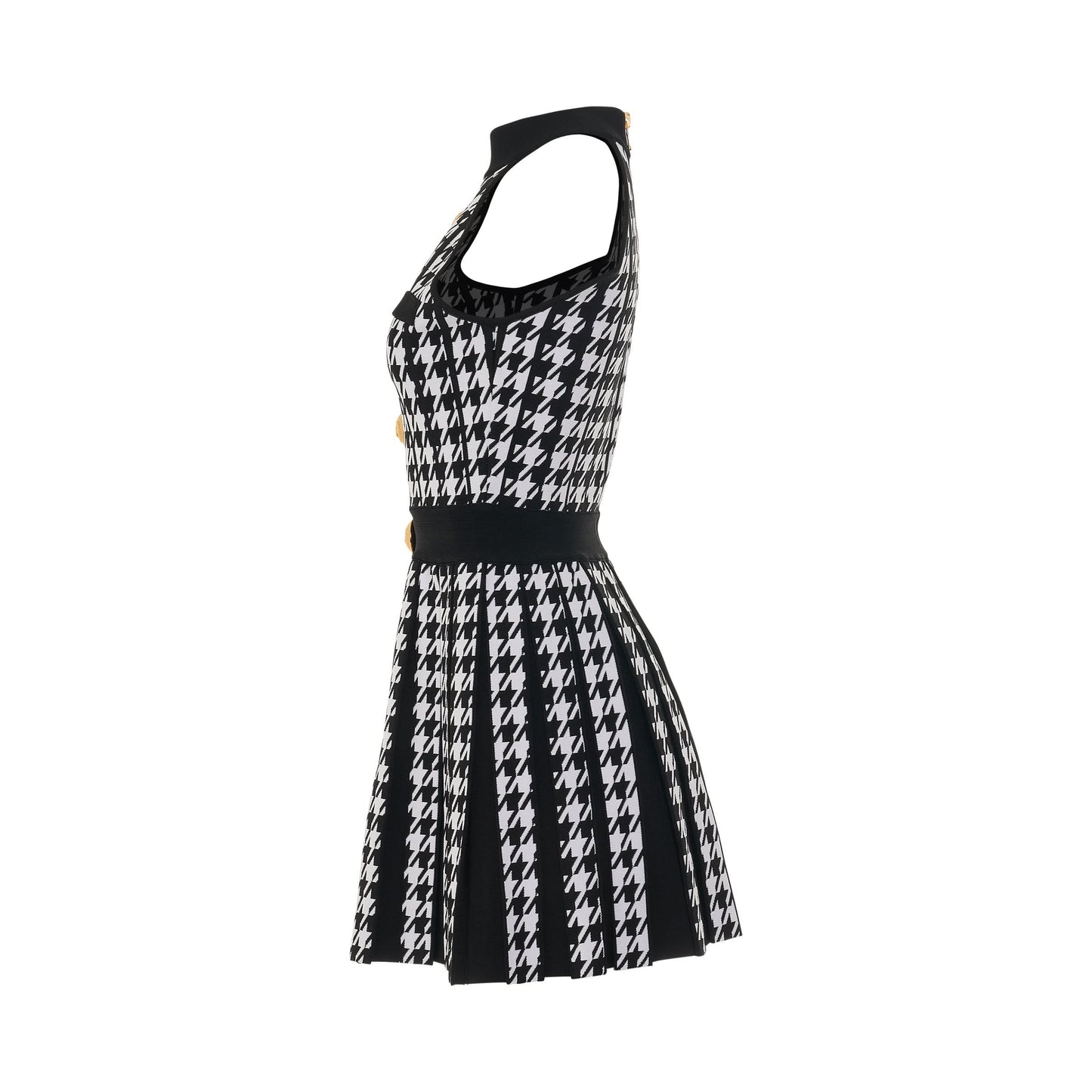 Sleeveless Houndstooth Pleated Dress in Black/White