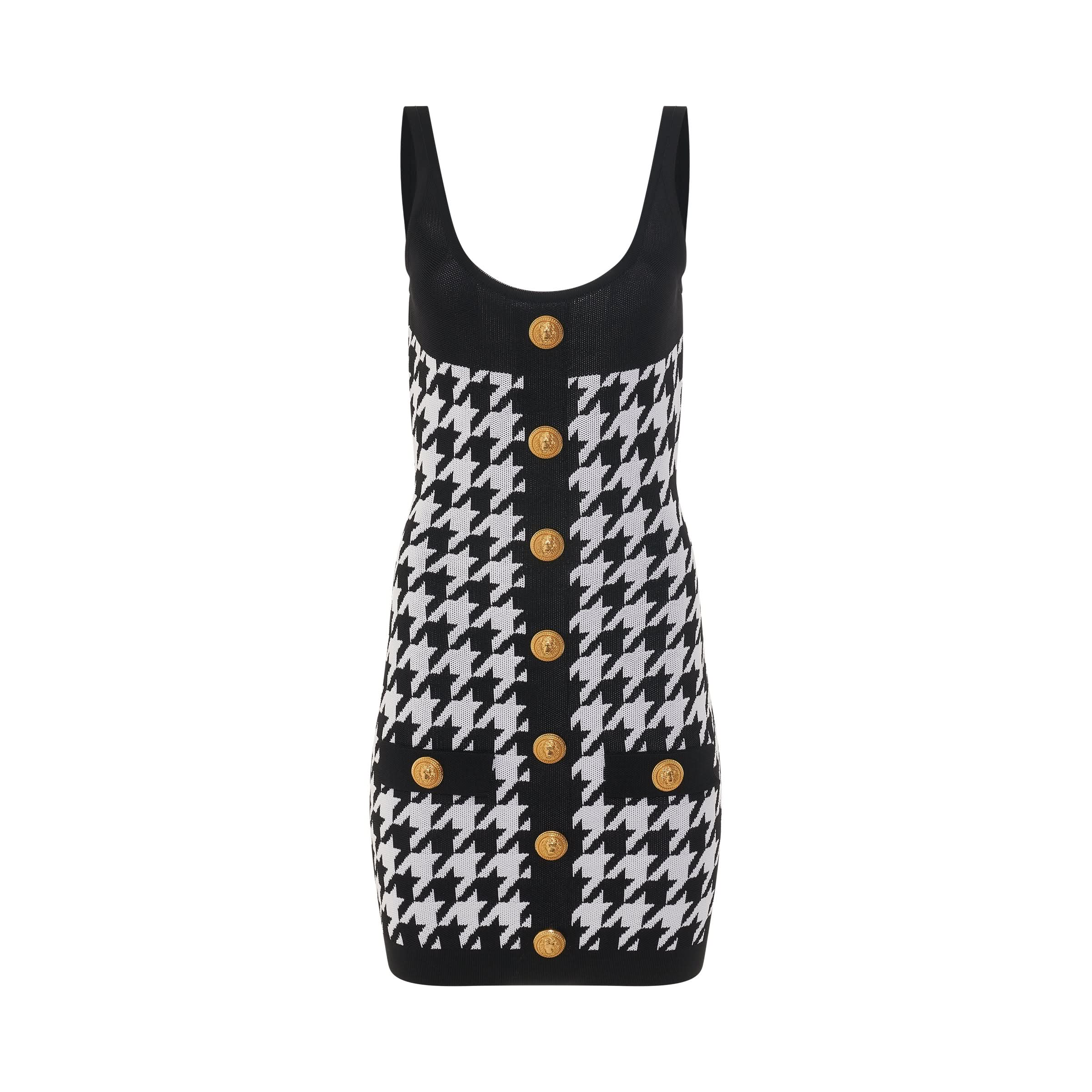 Buttoned Houndstooth Short Knit Drss in Black/White