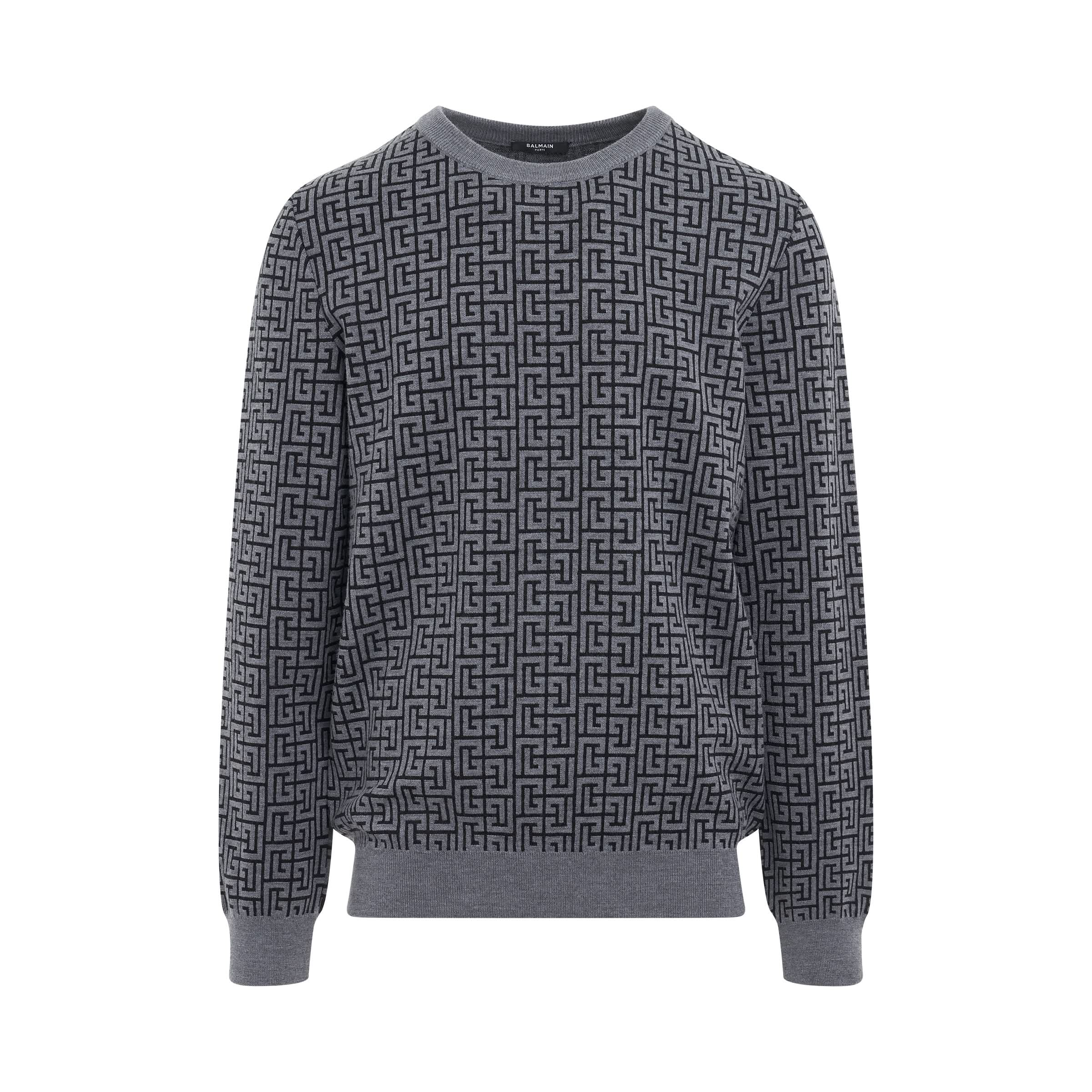 Monogram Wool 
Linen Crewneck in Black/Grey