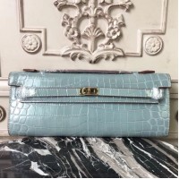 Hermes Blue Lin Crocodile Kelly Cut Clutch Bag