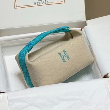 Hermes Bride-a-Brac Large Case in Ecru Canvas with Blue Atoll Zigzag Motifs