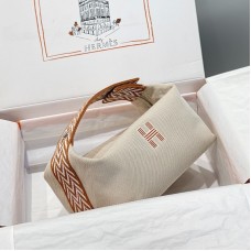 Hermes Bride-a-Brac Large Case in Ecru Canvas with Gold Zigzag Motifs