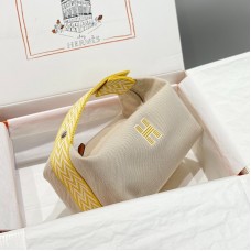 Hermes Bride-a-Brac Large Case in Ecru Canvas with Jaune Ambre Zigzag Motifs