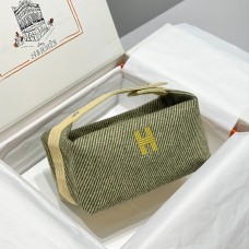 Hermes Bride-a-Brac Large Case in Vert Foret  Canvas with Zigzag Motifs