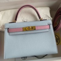 Hermes Kelly Mini II Sellier Bicolor Handmade Bag in Blue Brume and Mauve Sylvestre Epsom Calfskin