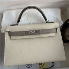 Hermes Kelly Mini II Sellier Bicolor Handmade Bag in Craie and Gris Asphalt Epsom Calfskin
