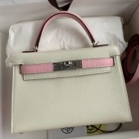 Hermes Kelly Mini II Sellier Bicolor Handmade Bag in Nata and Mauve Sylvestre Epsom Calfskin