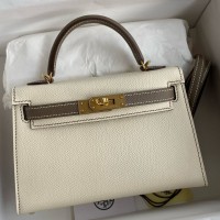 Hermes Kelly Mini II Sellier Bicolor Handmade Bag in Nata and Taupe Epsom Calfskin