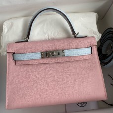 Hermes Kelly Mini II Sellier Bicolor Handmade Bag in Rose Sakura and Blue Brume Epsom Calfskin