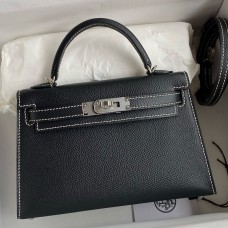 Hermes Kelly Mini II Sellier Verso Handmade Bag in Black and Blue Brume Epsom Calfskin