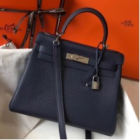 Hermes Kelly 32cm Bag In Dark Blue Clemence Leather PHW