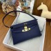 Hermes Kelly Elan Handmade Bag In Blue Saphir Chevre Mysore Leather